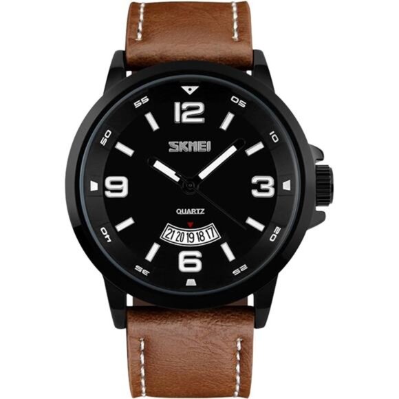 Mens Fashion Dress Analog Quartz Watch with Brown Leather Band Unique Big Face - Picture 1 of 8